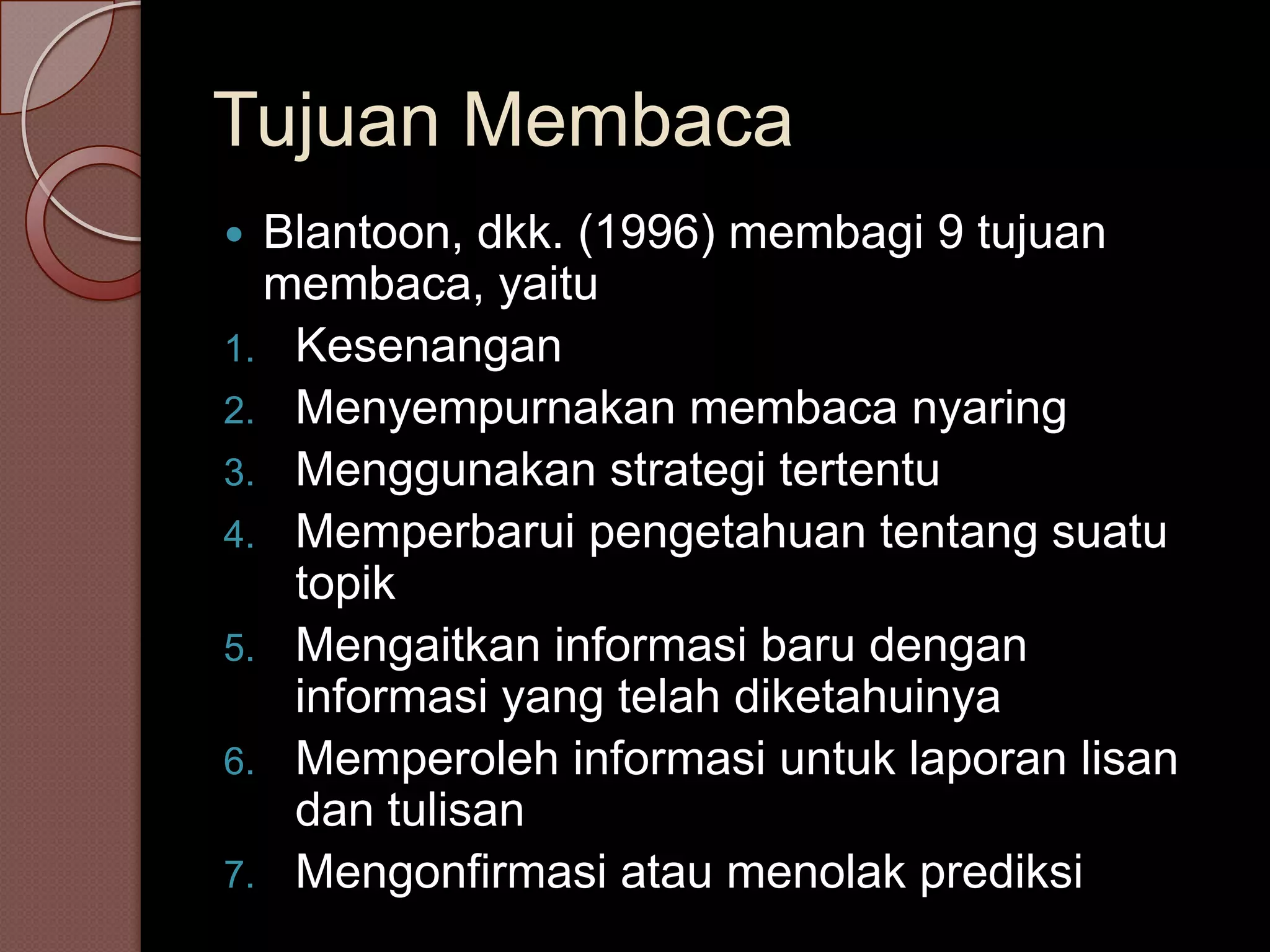 Tujuan Membaca
 Blantoon, dkk. (1996) membagi 9 tujuan
  membaca, yaitu
1. Kesenangan
2. Menyempurnakan membaca nyaring
3. Menggunakan strategi tertentu
4. Memperbarui pengetahuan tentang suatu
   topik
5. Mengaitkan informasi baru dengan
   informasi yang telah diketahuinya
6. Memperoleh informasi untuk laporan lisan
   dan tulisan
7. Mengonfirmasi atau menolak prediksi
 