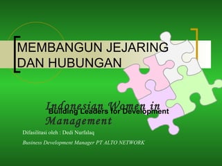 MEMBANGUN JEJARING DAN HUBUNGAN Indonesian Women in Management  Building Leaders for Development Difasilitasi oleh : Dedi Nurfalaq Business Development Manager PT ALTO NETWORK 