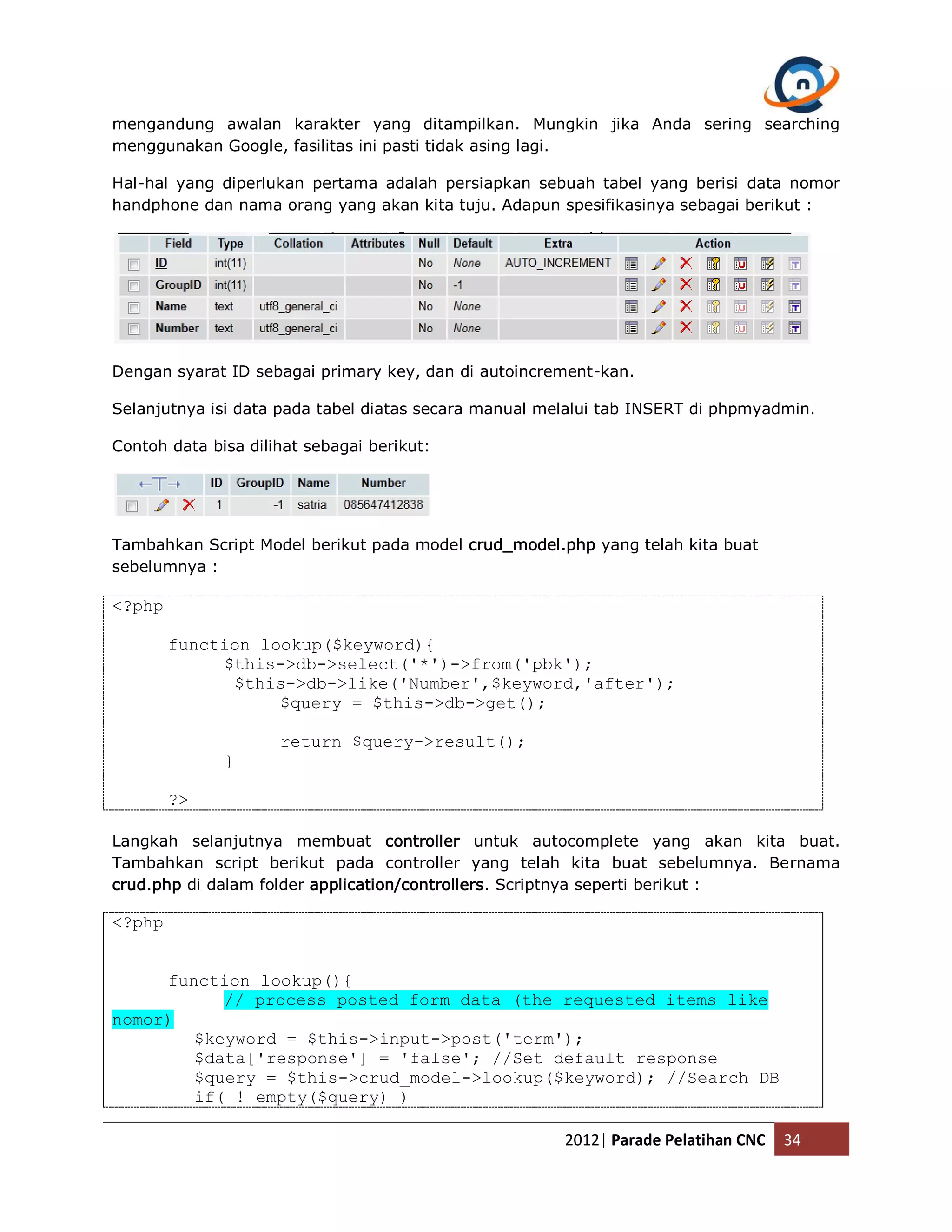 mengandung awalan karakter yang ditampilkan. Mungkin jika Anda sering searching menggunakan Google, fasilitas ini pasti tidak asing lagi. Hal-hal yang diperlukan pertama adalah persiapkan sebuah tabel yang berisi data nomor handphone dan nama orang yang akan kita tuju. Adapun spesifikasinya sebagai berikut : Dengan syarat ID sebagai primary key, dan di autoincrement-kan. Selanjutnya isi data pada tabel diatas secara manual melalui tab INSERT di phpmyadmin. Contoh data bisa dilihat sebagai berikut: Tambahkan Script Model berikut pada model crud_model.php yang telah kita buat sebelumnya : <?php function lookup($keyword){ $this->db->select('*')->from('pbk'); $this->db->like('Number',$keyword,'after'); $query = $this->db->get(); return $query->result(); } ?> Langkah selanjutnya membuat controller untuk autocomplete yang akan kita buat. Tambahkan script berikut pada controller yang telah kita buat sebelumnya. Bernama crud.php di dalam folder application/controllers. Scriptnya seperti berikut : <?php function lookup(){ // process posted form data (the requested items like nomor) $keyword = $this->input->post('term'); $data['response'] = 'false'; //Set default response $query = $this->crud_model->lookup($keyword); //Search DB if( ! empty($query) ) 2012| Parade Pelatihan CNC 34 