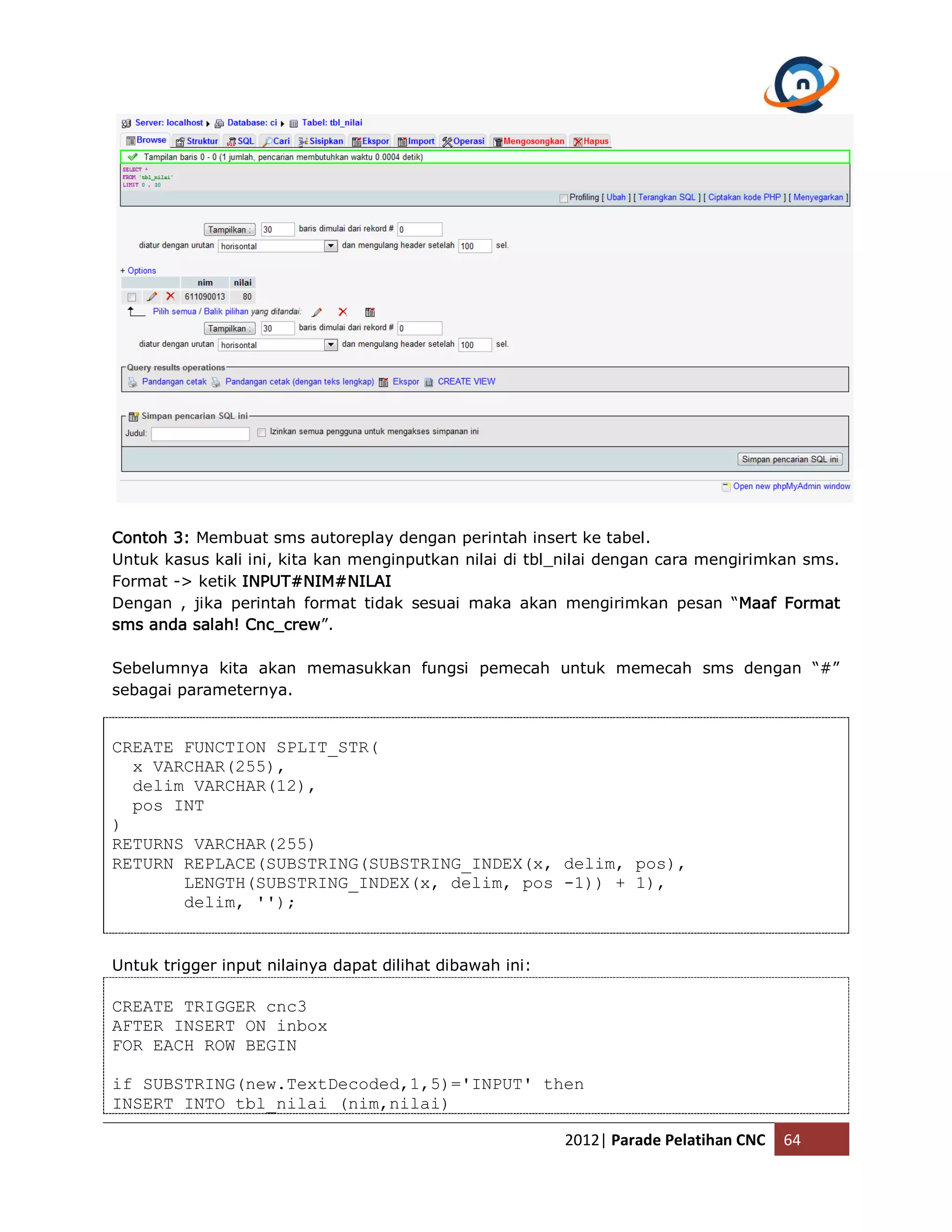 Contoh 3: Membuat sms autoreplay dengan perintah insert ke tabel. Untuk kasus kali ini, kita kan menginputkan nilai di tbl_nilai dengan cara mengirimkan sms. Format -> ketik INPUT#NIM#NILAI Dengan , jika perintah format tidak sesuai maka akan mengirimkan pesan “Maaf Format sms anda salah! Cnc_crew”. Sebelumnya kita akan memasukkan fungsi pemecah untuk memecah sms dengan “#” sebagai parameternya. CREATE FUNCTION SPLIT_STR( x VARCHAR(255), delim VARCHAR(12), pos INT ) RETURNS VARCHAR(255) RETURN REPLACE(SUBSTRING(SUBSTRING_INDEX(x, delim, pos), LENGTH(SUBSTRING_INDEX(x, delim, pos -1)) + 1), delim, ''); Untuk trigger input nilainya dapat dilihat dibawah ini: CREATE TRIGGER cnc3 AFTER INSERT ON inbox FOR EACH ROW BEGIN if SUBSTRING(new.TextDecoded,1,5)='INPUT' then INSERT INTO tbl_nilai (nim,nilai) 2012| Parade Pelatihan CNC 64 