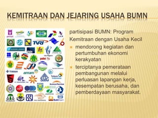 KEMITRAAN DAN JEJARING USAHA BUMN
partisipasi BUMN: Program
Kemitraan dengan Usaha Kecil
 mendorong kegiatan dan
pertumbuhan ekonomi
kerakyatan
 terciptanya pemerataan
pembangunan melalui
perluasan lapangan kerja,
kesempatan berusaha, dan
pemberdayaan masyarakat.
 