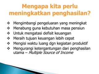 Mengapa kita perlu
meningkatkan penghasilan?
 Mengimbangi pengeluaran yang meningkat
 Menabung guna kebutuhan masa pensiun
 Untuk mengatasi defisit keuangan
 Meraih tujuan keuangan lebih cepat
 Mengisi waktu luang dgn kegiatan produktif
 Mengurangi ketergantungan dari penghasilan
utama – Multiple Source of Income
 