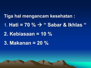Tiga hal mengancam kesehatan :
1. Hati = 70 %  “ Sabar & Ikhlas “
2. Kebiasaan = 10 %
3. Makanan = 20 %
 