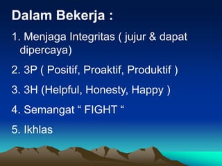Dalam Bekerja :
1. Menjaga Integritas ( jujur & dapat
dipercaya)
2. 3P ( Positif, Proaktif, Produktif )
3. 3H (Helpful, Honesty, Happy )
4. Semangat “ FIGHT “
5. Ikhlas
 