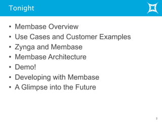Tonight
3
• Membase Overview
• Use Cases and Customer Examples
• Zynga and Membase
• Membase Architecture
• Demo!
• Developing with Membase
• A Glimpse into the Future
 