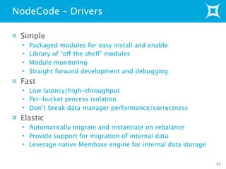 Simple
• Packaged modules for easy install and enable
• Library of “off the shelf” modules
• Module monitoring
• Straight forward development and debugging
Fast
• Low latency/high-throughput
• Per-bucket process isolation
• Don’t break data manager performance/correctness
Elastic
• Automatically migrate and instantiate on rebalance
• Provide support for migration of internal data
• Leverage native Membase engine for internal data storage
NodeCode – Drivers
33
 