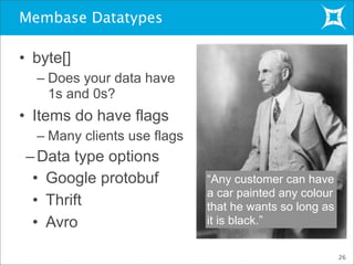Membase Datatypes
• byte[]
– Does your data have
1s and 0s?
26
“Any customer can have
a car painted any colour
that he wants so long as
it is black.”
• Items do have flags
– Many clients use flags
–Data type options
• Google protobuf
• Thrift
• Avro
 