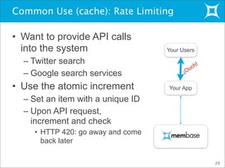 Common Use (cache): Rate Limiting
• Want to provide API calls
into the system
– Twitter search
– Google search services
• Use the atomic increment
– Set an item with a unique ID
– Upon API request,
increment and check
• HTTP 420: go away and come
back later
29
Your Users
Your App
¡Ouch!
 