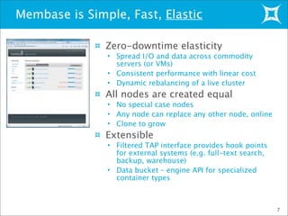 Membase is Simple, Fast, Elastic
7
Zero-downtime elasticity
• Spread I/O and data across commodity
servers (or VMs)
• Consistent performance with linear cost
• Dynamic rebalancing of a live cluster
All nodes are created equal
• No special case nodes
• Any node can replace any other node, online
• Clone to grow
Extensible
• Filtered TAP interface provides hook points
for external systems (e.g. full-text search,
backup, warehouse)
• Data bucket – engine API for specialized
container types
 