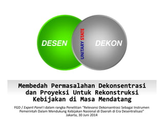 FGD / Expert Panel I dalam rangka Penelitian “Relevansi Dekonsentrasi Sebagai Instrumen
Pemerintah Dalam Mendukung Kebijakan Nasional di Daerah di Era Desentralisasi”
Jakarta, 30 Juni 2014
DESEN DEKON
UNITARY
 