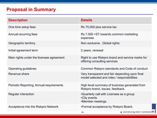 Proposal in Summary

Description                                Details
One time setup fees                        Rs 75,000 plus service tax

Annual recurring fees                      Rs 7,500 +ST towards common marketing
                                           expenses
Geographic territory                       Non exclusive , Global rights

Initial agreement term                     2 years, renewal

Main rights under the licensee agreement   Right to use Riskpro brand and service marks for
                                           offering consulting services

Operating guidelines                       Common Riskpro standards and Code of conduct
Revenue share                              Very transparent and fair depending upon final
                                           model selected and roles / responsibilities

Periodic Reporting, Annual requirements    High level summary of business generated from
                                           Riskpro brand, issues, feedback.
Regular interaction                        •Quarterly call with Licensee as a group
                                           •City events
                                           •Member meetings
Acceptance into the Riskpro Network        •Formal acceptance by Riskpro Board.
                                           16
 