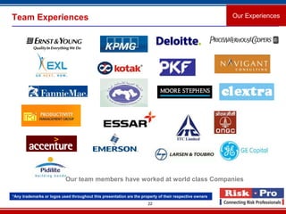 Team Experiences                                                                                         Our Experiences




                           Our team members have worked at world class Companies

*Any trademarks or logos used throughout this presentation are the property of their respective owners
                                                                      22
 
