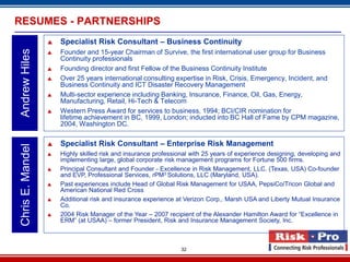 RESUMES - PARTNERSHIPS
                     Specialist Risk Consultant – Business Continuity
Andrew Hiles

                     Founder and 15-year Chairman of Survive, the first international user group for Business
                      Continuity professionals
                     Founding director and first Fellow of the Business Continuity Institute
                     Over 25 years international consulting expertise in Risk, Crisis, Emergency, Incident, and
                      Business Continuity and ICT Disaster Recovery Management
                     Multi-sector experience including Banking, Insurance, Finance, Oil, Gas, Energy,
                      Manufacturing, Retail, Hi-Tech & Telecom
                     Western Press Award for services to business, 1994; BCI/CIR nomination for
                      lifetime achievement in BC, 1999, London; inducted into BC Hall of Fame by CPM magazine,
                      2004, Washington DC.

                     Specialist Risk Consultant – Enterprise Risk Management
Chris E. Mandel




                     Highly skilled risk and insurance professional with 25 years of experience designing, developing and
                      implementing large, global corporate risk management programs for Fortune 500 firms.
                     Principal Consultant and Founder - Excellence in Risk Management, LLC. (Texas, USA) Co-founder
                      and EVP, Professional Services, rPM3 Solutions, LLC (Maryland, USA).
                     Past experiences include Head of Global Risk Management for USAA, PepsiCo/Tricon Global and
                      American National Red Cross
                     Additional risk and insurance experience at Verizon Corp,. Marsh USA and Liberty Mutual Insurance
                      Co.
                     2004 Risk Manager of the Year – 2007 recipient of the Alexander Hamilton Award for “Excellence in
                      ERM” (at USAA) – former President, Risk and Insurance Management Society, Inc.



                                                                 32
 