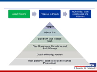 Our clients, team
About Riskpro               Proposal in Details               experiences and
                                                                  resumes



                                 Riskpro

                               INDIAN firm

                         Brand with Multi location
                                  reach

                    Risk, Governance, Compliance and
                             Audit Offerings

                        Global technology Partners

                Open platform of collaborated and networked
                               Professionals

                                      5
 