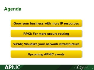 Agenda
RPKI; For more secure routingRPKI; For more secure routing
Grow your business with more IP resourcesGrow your busin...