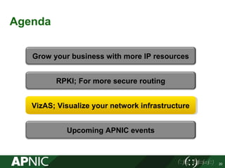 Agenda
RPKI; For more secure routing
Grow your business with more IP resources
Upcoming APNIC events
VizAS; Visualize your network infrastructureVizAS; Visualize your network infrastructure
20
 