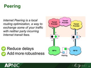 Reduce delays
Add more robustness
Peering
Internet Peering is a local
routing optimization, a way to
exchange some of your traffic
with neither party incurring
Internet transit fees.
21
 