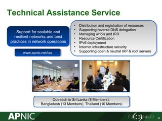 Technical Assistance Service
TAS - Thailand TAS - Bangladesh
Support for scalable and
resilient networks and best
practices in network operations
Support for scalable and
resilient networks and best
practices in network operations
• Distribution and registration of resources
• Supporting reverse DNS delegation
• Managing whois and IRR
• Resource Certification
• IPv6 deployment
• Internet infrastructure security
• Supporting open & neutral IXP & root servers
• Distribution and registration of resources
• Supporting reverse DNS delegation
• Managing whois and IRR
• Resource Certification
• IPv6 deployment
• Internet infrastructure security
• Supporting open & neutral IXP & root servers
www.apnic.net/taswww.apnic.net/tas
29
Outreach in Sri Lanka (8 Members),
Bangladesh (13 Members), Thailand (10 Members)
Outreach in Sri Lanka (8 Members),
Bangladesh (13 Members), Thailand (10 Members)
 