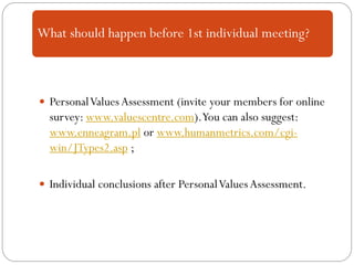  PersonalValuesAssessment (invite your members for online
survey: www.valuescentre.com).You can also suggest:
www.enneagram.pl or www.humanmetrics.com/cgi-
win/JTypes2.asp ;
 Individual conclusions after PersonalValuesAssessment.
What should happen before 1st individual meeting?
 