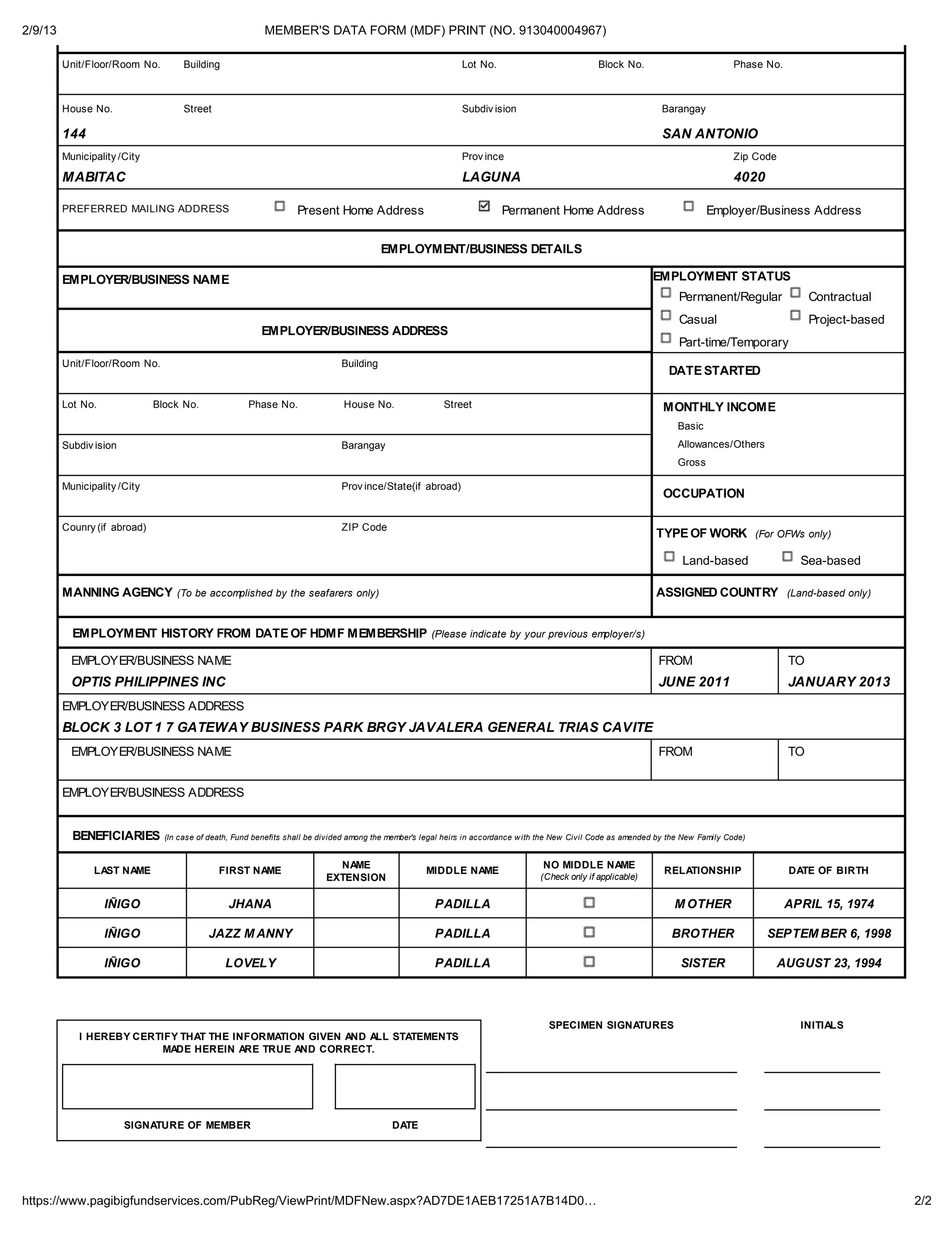 Member's data form (mdf) print (no | PDF