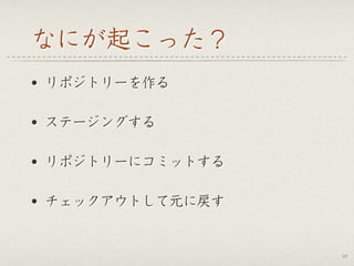 なにが起こった？
• リポジトリーを作る
• ステージングする
• リポジトリーにコミットする
• チェックアウトして元に戻す
16
 