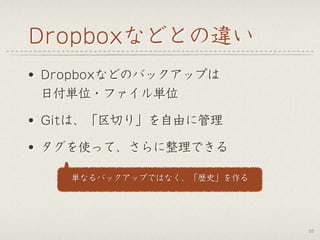 Dropboxなどとの違い
• Dropboxなどのバックアップは 
日付単位・ファイル単位
• Gitは、「区切り」を自由に管理
• タグを使って、さらに整理できる
33
単なるバックアップではなく、「歴史」を作る
 