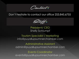 Don’t hesitate to contact our office 253.845.6755
President/ CEO
Shelly Schlumpf
Tourism Specialist / Marketing
info@puyallupsumnerchamber.com
Administrative Assistant
admin@puyallupsumnerchamber.com
Events Coordinator
events@puyallupsumnerchamber.com
 