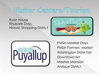 PMSA Meeker Days
PMSA Farmers’ Market
Washington State Fair
Downtown Art
Meeker Mansion
Antique District
Ryan House
Rhubarb Days
Historic Shopping District
 