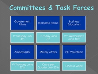 Government
Affairs
Welcome Home
Business
Education
1st Tuesday July
4th
1st Friday June
7th
2nd Wednesday
June 18th
Ambassador Military Affairs VIC Volunteers
4th Thursday June
27th
Once per
Quarter July 25th
Once a week
 