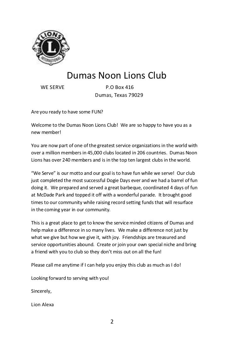2011/12 Membership Handbook for Dumas Noon Lions Club