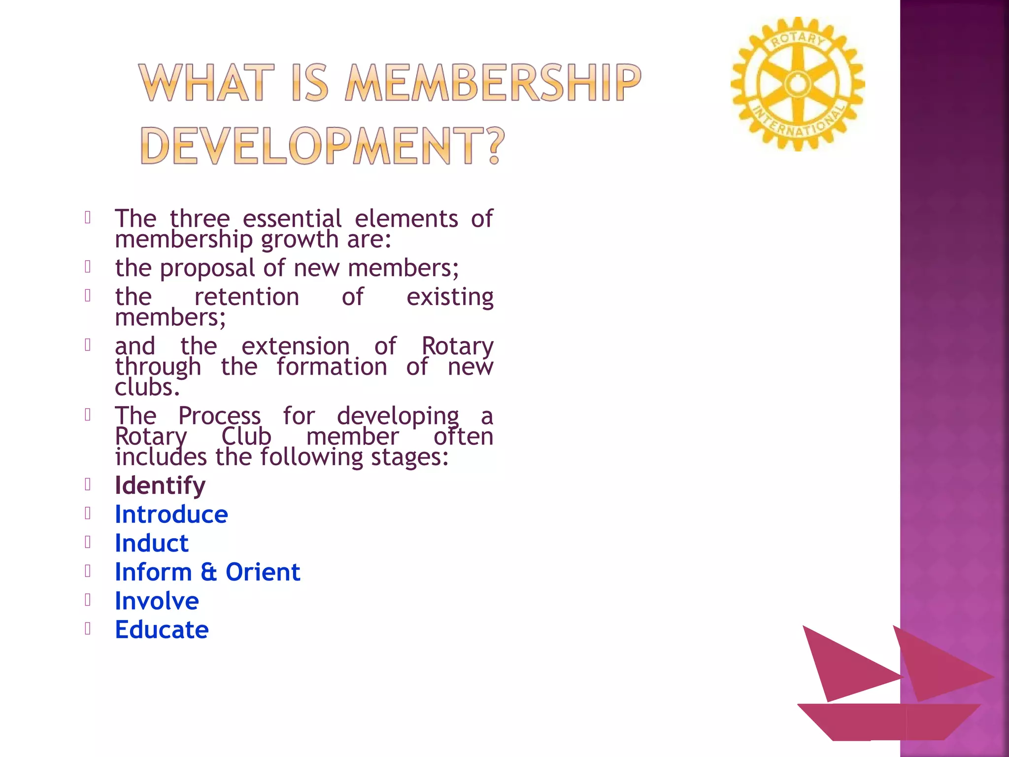  The three essential elements of
membership growth are:
 the proposal of new members;
 the retention of existing
members;
 and the extension of Rotary
through the formation of new
clubs.
 The Process for developing a
Rotary Club member often
includes the following stages:
 Identify
 Introduce
 Induct
 Inform & Orient
 Involve
 Educate
 