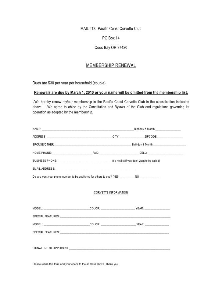 Pacific Coast Corvette Club Membership Renewal Form
