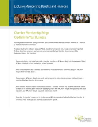 Exclusive Membership Benefits and Privileges
Chamber Membership Brings
Credibility to Your Business
Positive perception increases among consumers and business owners when a business is identified as a member
of the local chamber of commerce.
A national study by the Schapiro Group, an Atlanta-based market research firm, reveals a number of important
findings about how consumers and business owners perceive the local chamber of commerce and the
businesses that are their members:
Consumers who are told that a business is a chamber member are 51% more likely to be highly aware of it and
57% are more likely to think positively of its local reputation.
When consumers know that a business is a member of the local chamber of commerce, they are 44% more
likely to think favorably about it.
Consumers are 63% more likely to buy goods and services in the future from a company that they know is a
member of the local chamber of commerce.
When business decision-makers know that a business is a chamber member, they are 37% more likely to think
favorably of the business, 51% more likely to be highly aware of it, 58% more likely to think positively of its local
reputation, and 59% more likely to buy goods and services from it.
Regarding the chamber’s impact on the local economy, 82% of respondents believe that the local chamber of
commerce helps create jobs and promotes local economic growth.
 