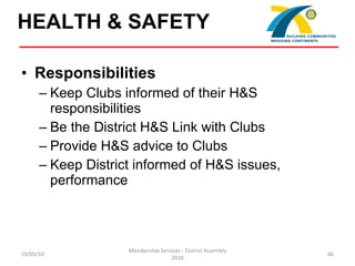 HEALTH & SAFETY   <ul><li>Responsibilities </li></ul><ul><ul><li>Keep Clubs informed of their H&S responsibilities </li></...