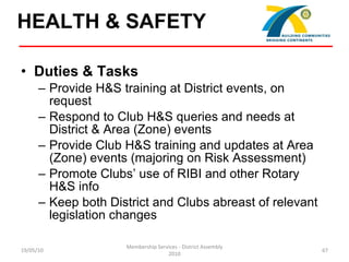HEALTH & SAFETY   <ul><li>Duties & Tasks </li></ul><ul><ul><li>Provide H&S training at District events, on request  </li><...