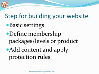 Step for building your website
Basic settings
Define membership
packages/levels or product
Add content and apply
protection rules
#WordPressInsider @MichelleCasti
 