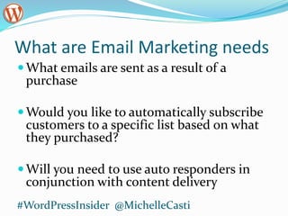 What are Email Marketing needs
What emails are sent as a result of a
purchase
Would you like to automatically subscribe
customers to a specific list based on what
they purchased?
Will you need to use auto responders in
conjunction with content delivery
#WordPressInsider @MichelleCasti
 