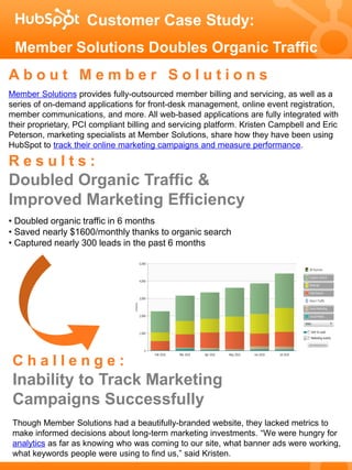 Customer Case Study:
 Member Solutions Doubles Organic Traffic
About Member Solutions
Member Solutions provides fully-outsourced member billing and servicing, as well as a
series of on-demand applications for front-desk management, online event registration,
member communications, and more. All web-based applications are fully integrated with
their proprietary, PCI compliant billing and servicing platform. Kristen Campbell and Eric
Peterson, marketing specialists at Member Solutions, share how they have been using
HubSpot to track their online marketing campaigns and measure performance.

Results:
Doubled Organic Traffic &
Improved Marketing Efficiency
• Doubled organic traffic in 6 months
• Saved nearly $1600/monthly thanks to organic search
• Captured nearly 300 leads in the past 6 months




 Challenge:
 Inability to Track Marketing
 Campaigns Successfully
 Though Member Solutions had a beautifully-branded website, they lacked metrics to
 make informed decisions about long-term marketing investments. “We were hungry for
 analytics as far as knowing who was coming to our site, what banner ads were working,
 what keywords people were using to find us,” said Kristen.
 