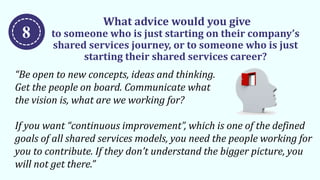 What advice would you give
to someone who is just starting on their company’s
shared services journey, or to someone who is just
starting their shared services career?
“Be open to new concepts, ideas and thinking.
Get the people on board. Communicate what
the vision is, what are we working for?
If you want “continuous improvement”, which is one of the defined
goals of all shared services models, you need the people working for
you to contribute. If they don’t understand the bigger picture, you
will not get there.”
8
 