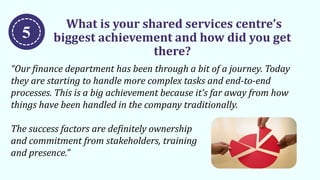 What is your shared services centre’s
biggest achievement and how did you get
there?
“Our finance department has been through a bit of a journey. Today
they are starting to handle more complex tasks and end-to-end
processes. This is a big achievement because it’s far away from how
things have been handled in the company traditionally.
The success factors are definitely ownership
and commitment from stakeholders, training
and presence.”
5
 