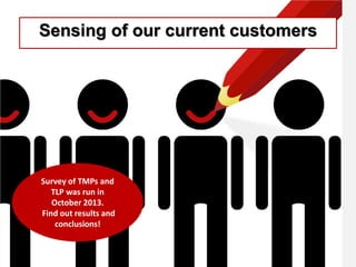 Sensing of our current customers

Survey of TMPs and
TLP was run in
October 2013.
Find out results and
conclusions!

 