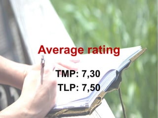 Average rating
TMP: 7,30
TLP: 7,50

 