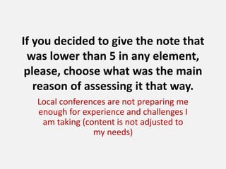 If you decided to give the note that
was lower than 5 in any element,
please, choose what was the main
reason of assessing it that way.
Local conferences are not preparing me
enough for experience and challenges I
am taking (content is not adjusted to
my needs)

 