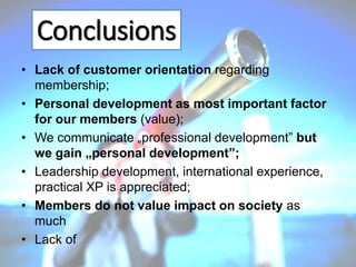 Conclusions
• Lack of customer orientation regarding
membership;
• Personal development as most important factor
for our members (value);
• We communicate „professional development” but
we gain „personal development”;
• Leadership development, international experience,
practical XP is appreciated;
• Members do not value impact on society as
much
• Lack of

 