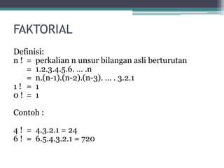 FAKTORIAL
Definisi:
n ! = perkalian n unsur bilangan asli berturutan
    = 1.2.3.4.5.6. … .n
    = n.(n-1).(n-2).(n-3). … . 3.2.1
1! = 1
0! = 1

Contoh :

4 ! = 4.3.2.1 = 24
6 ! = 6.5.4.3.2.1 = 720
 