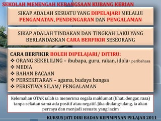 SEKOLAH MENENGAH KEBANGSAAN KUBANG KERIAN
     SIKAP ADALAH SESUATU YANG DIPELAJARI MELALUI
     PENGAMATAN, PENDENGARAN DAN PENGALAMAN

     SIKAP ADALAH TINDAKAN DAN TINGKAH LAKU YANG
        BERLANDASKAN CARA BERFIKIR SESEORANG

  CARA BERFIKIR BOLEH DIPELAJARI/ DITIRU:
   ORANG SEKELILING – ibubapa, guru, rakan, idola- peribahasa
   MEDIA
   BAHAN BACAAN
   PERSEKITARAN – agama, budaya bangsa
   PERISTIWA SILAM/ PENGALAMAN

  Kelemahan OTAK ialah ia menerima segala maklumat (lihat, dengar, rasa)
   tanpa sekatan sama ada positif atau negatif. Jika diulang-ulang, ia akan
                  percaya dan menjadi sesuatu yang lazim
                    KURSUS JATI DIRI BADAN KEPIMPINAN PELAJAR 2011
 