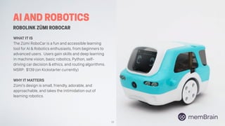 AI AND ROBOTICS
ROBOLINK ZÜMI ROBOCAR
WHAT IT IS
The Zümi RoboCar is a fun and accessible learning
tool for AI & Robotics ...