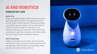 AI AND ROBOTICS
SAMSUNG BOT CARE
WHAT IT IS
Bridging the gap between health & wellness and AI is
Samsung’s Bot Care which ...
