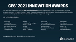 CES® 2021 INNOVATION AWARDS
6
The other stars of the show were the CES® Innovation Awards winners and honorees - products ...