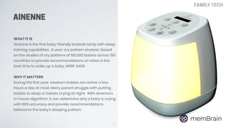 AINENNE
62
FAMILY TECH
WHAT IT IS
Ainenne is the first baby-friendly bedside lamp with sleep
training capabilities. It use...